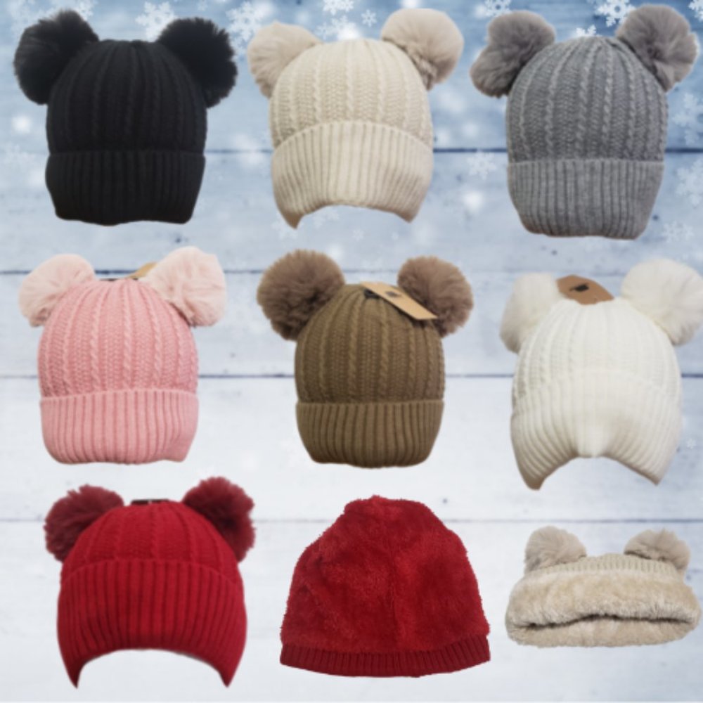 Faux Fur Lined Cute 2 Pom Pom Ears Knit Warm Winter Women's Hat